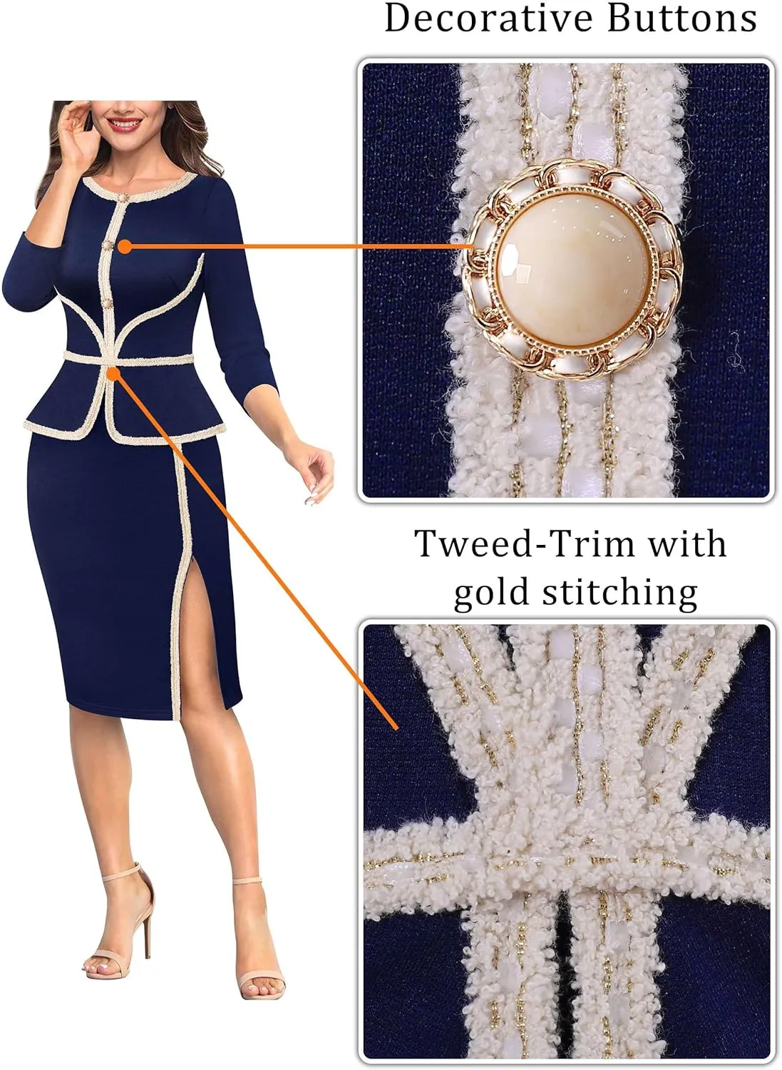 VFSHOW Womens Buttons Peplum Split Work Business Office Church Pencil Sheath Dress