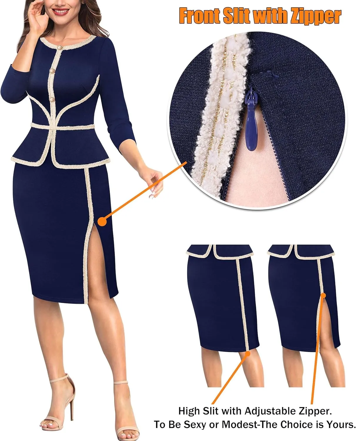 VFSHOW Womens Buttons Peplum Split Work Business Office Church Pencil Sheath Dress