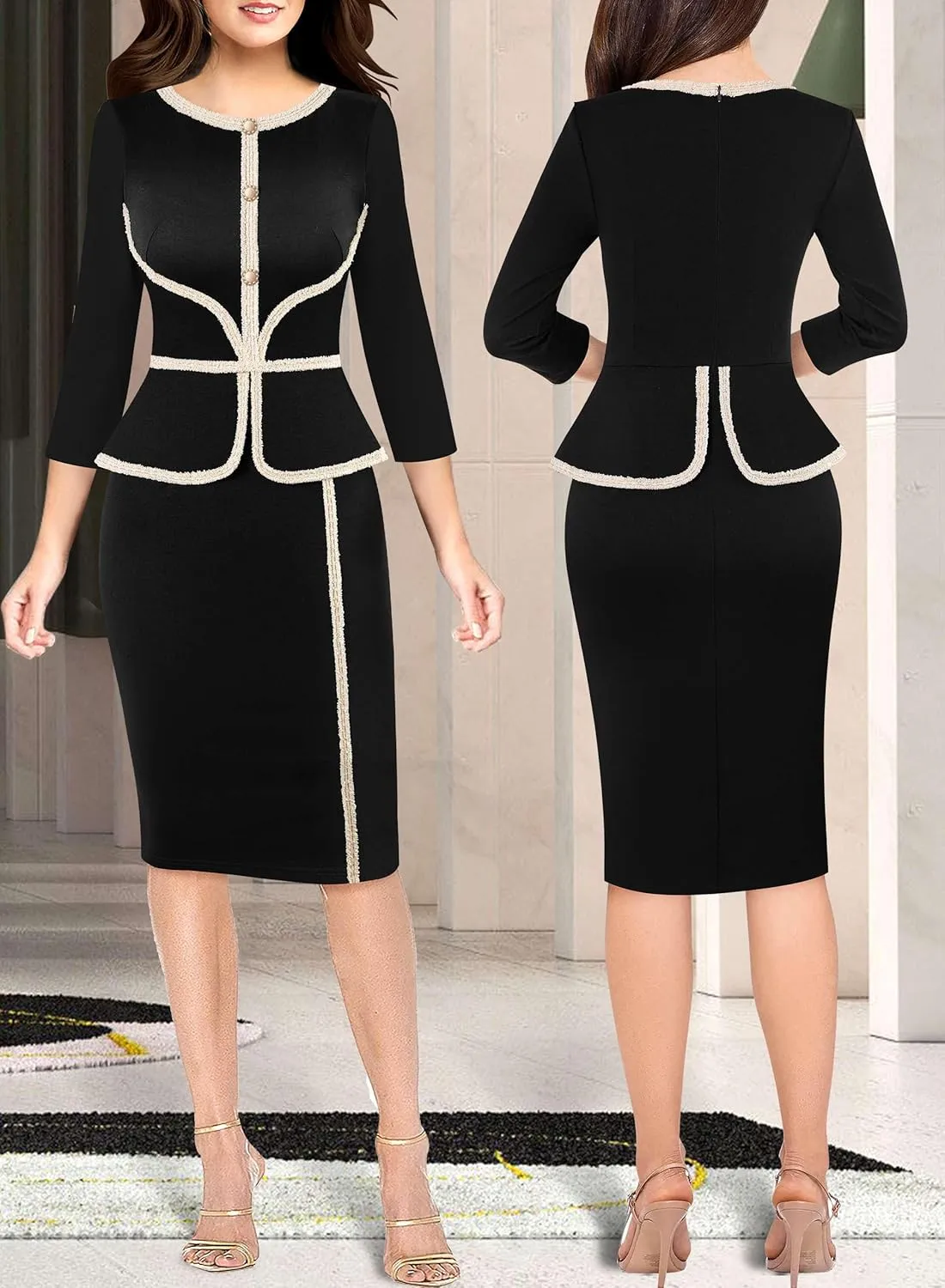 VFSHOW Womens Buttons Peplum Split Work Business Office Church Pencil Sheath Dress