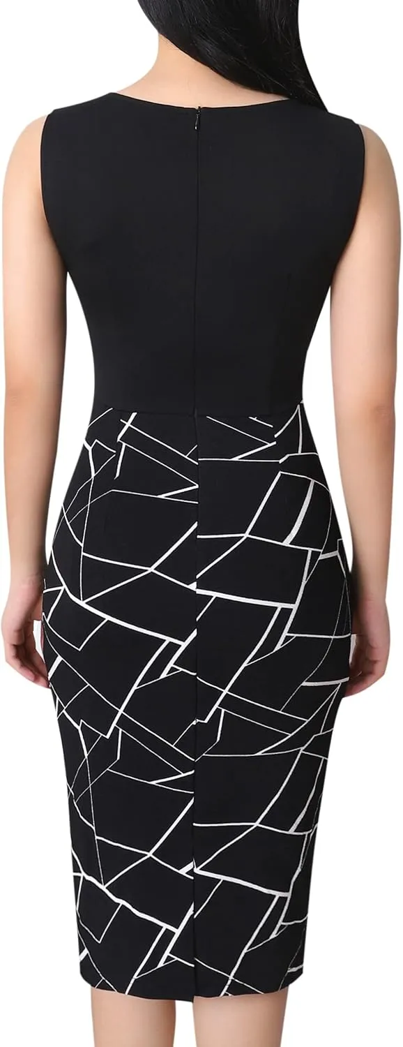 VFSHOW Womens Colorblock Patchwork Slim Front Zipper Work Business Office Party Bodycon Pencil Sheath Dress