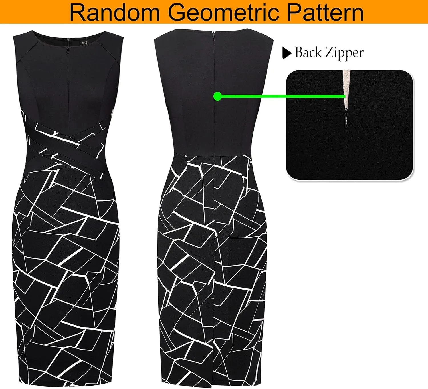 VFSHOW Womens Colorblock Patchwork Slim Front Zipper Work Business Office Party Bodycon Pencil Sheath Dress
