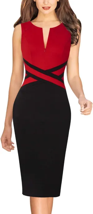 VFSHOW Womens Colorblock Patchwork Slim Front Zipper Work Business Office Party Bodycon Pencil Sheath Dress
