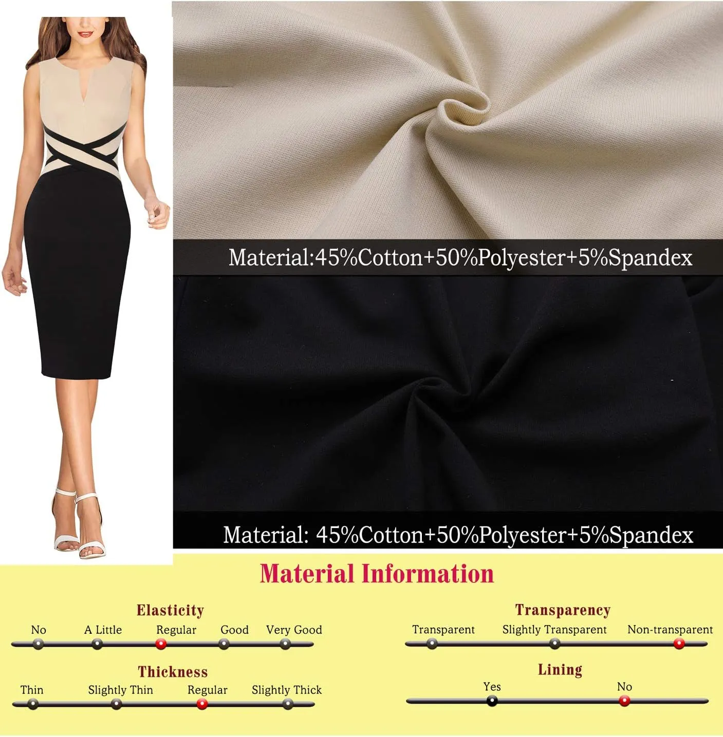 VFSHOW Womens Colorblock Patchwork Slim Front Zipper Work Business Office Party Bodycon Pencil Sheath Dress