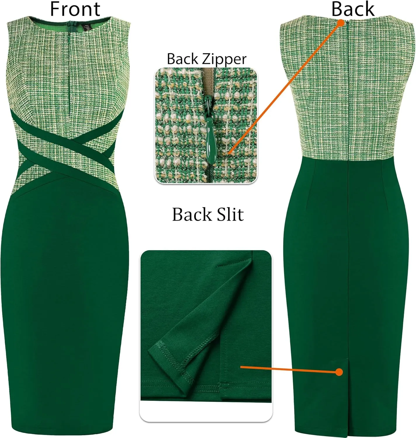 VFSHOW Womens Colorblock Patchwork Slim Front Zipper Work Business Office Party Bodycon Pencil Sheath Dress