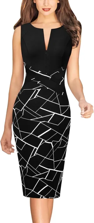 VFSHOW Womens Colorblock Patchwork Slim Front Zipper Work Business Office Party Bodycon Pencil Sheath Dress