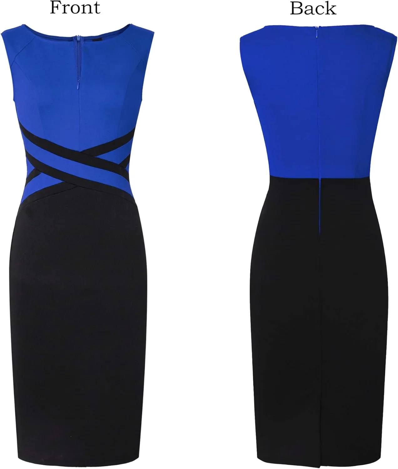 VFSHOW Womens Colorblock Patchwork Slim Front Zipper Work Business Office Party Bodycon Pencil Sheath Dress