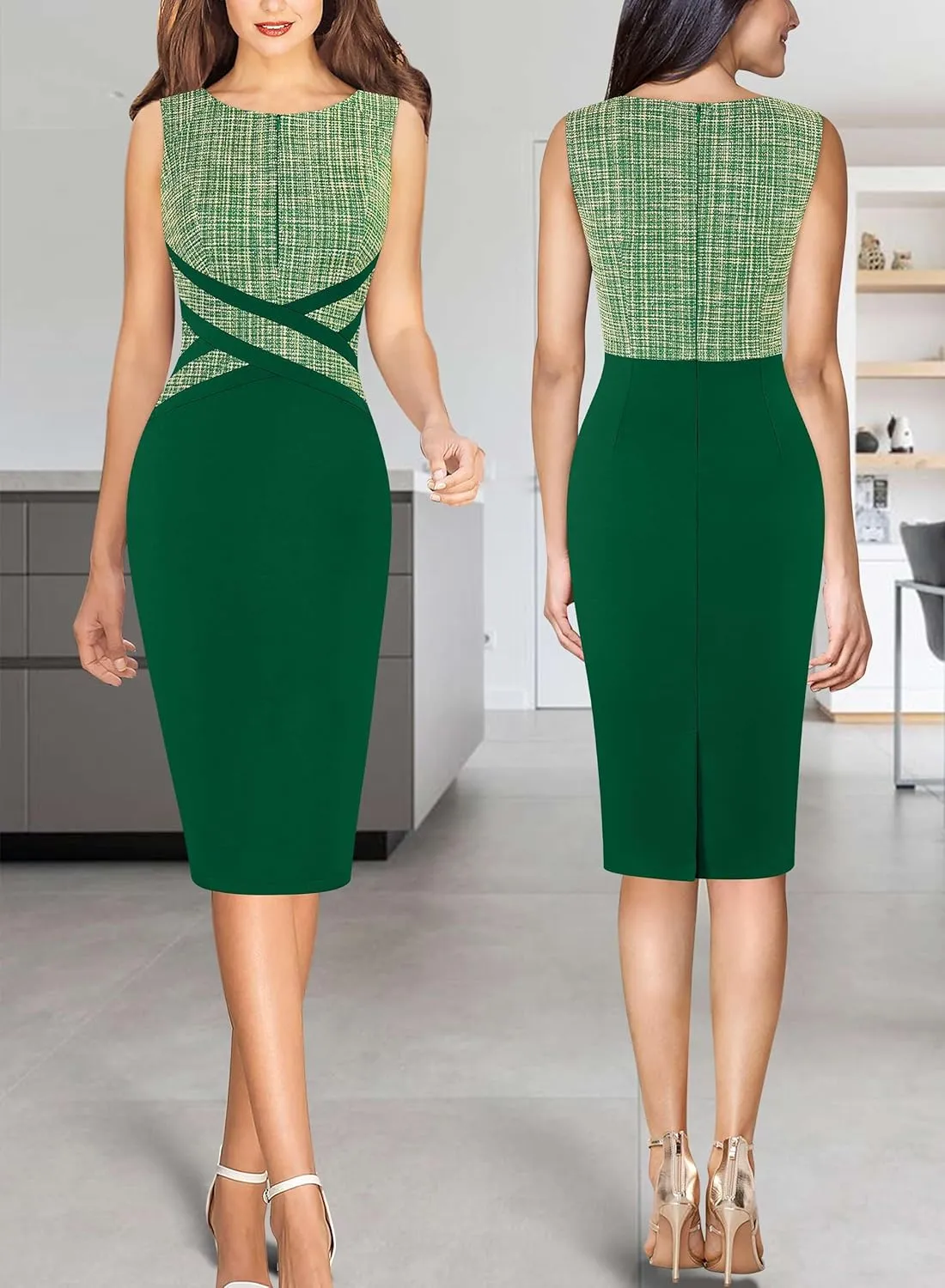 VFSHOW Womens Colorblock Patchwork Slim Front Zipper Work Business Office Party Bodycon Pencil Sheath Dress
