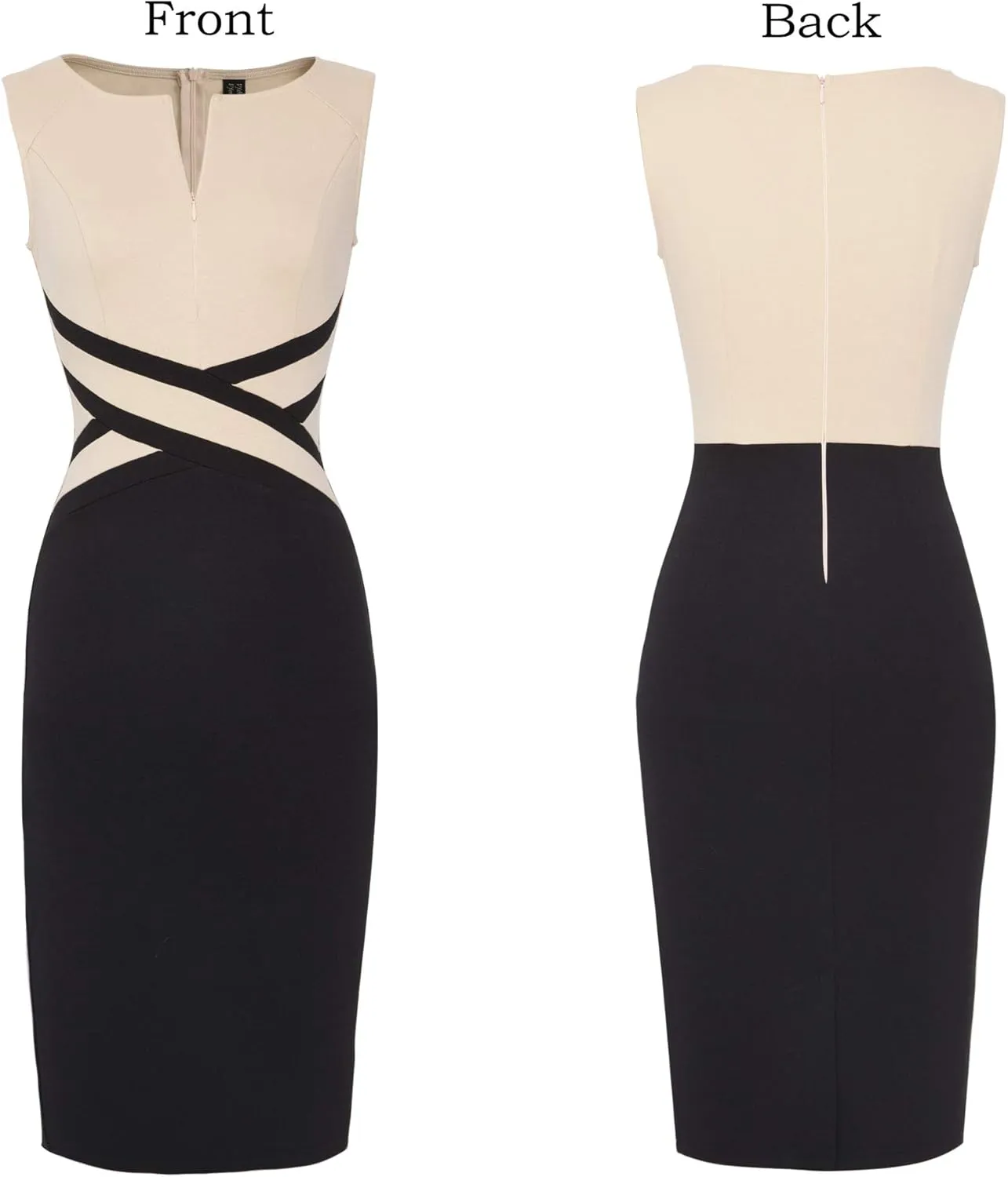 VFSHOW Womens Colorblock Patchwork Slim Front Zipper Work Business Office Party Bodycon Pencil Sheath Dress