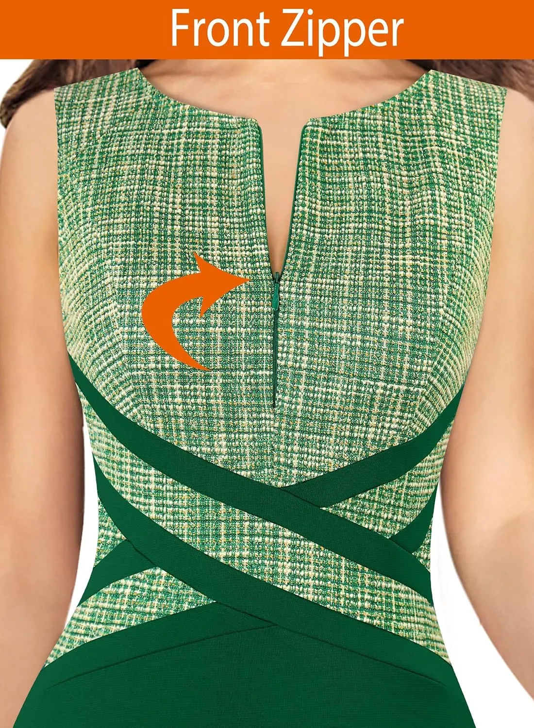 VFSHOW Womens Colorblock Patchwork Slim Front Zipper Work Business Office Party Bodycon Pencil Sheath Dress
