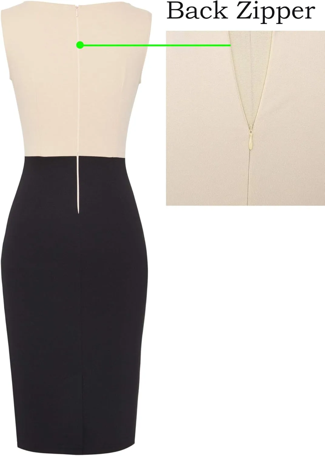 VFSHOW Womens Colorblock Patchwork Slim Front Zipper Work Business Office Party Bodycon Pencil Sheath Dress