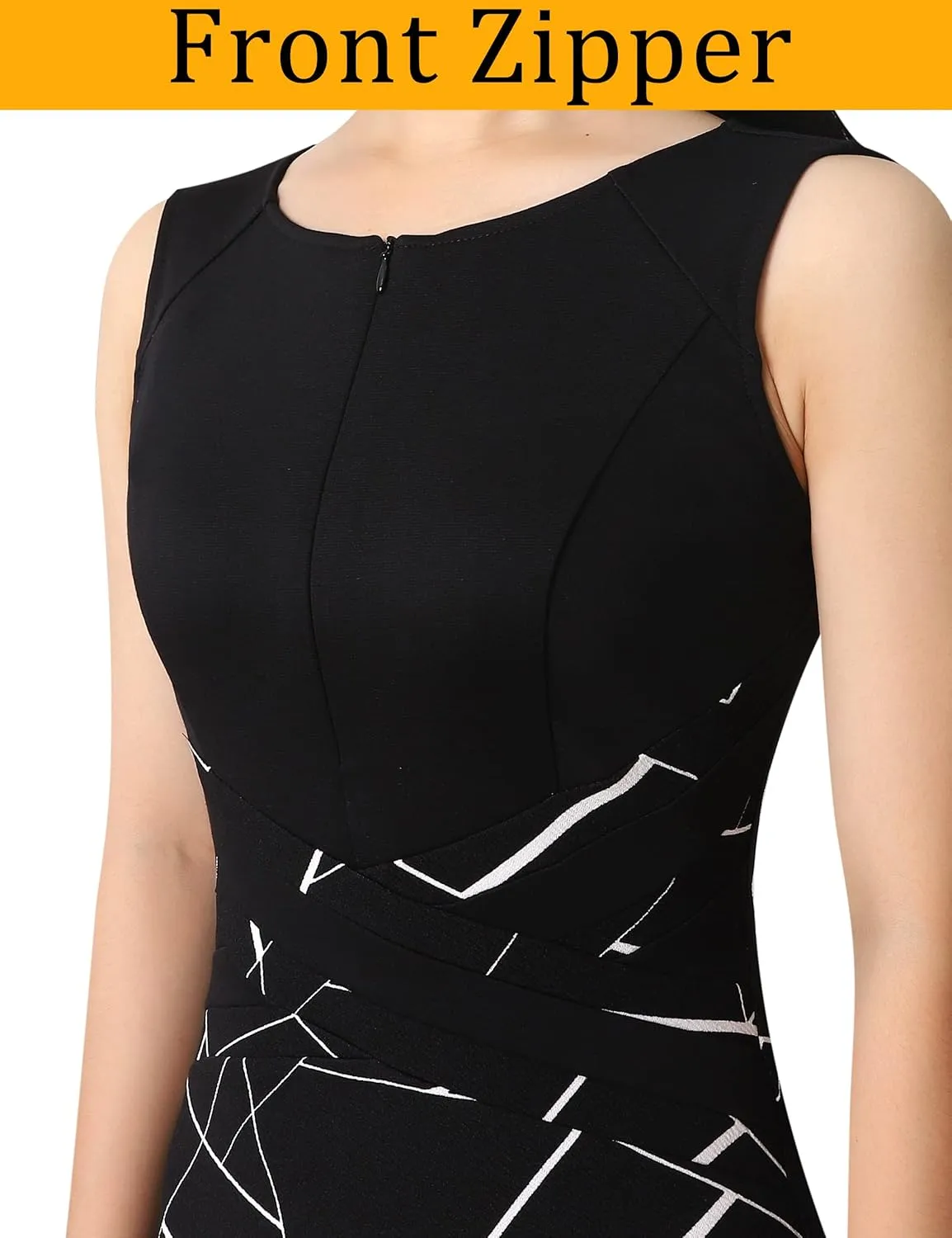 VFSHOW Womens Colorblock Patchwork Slim Front Zipper Work Business Office Party Bodycon Pencil Sheath Dress