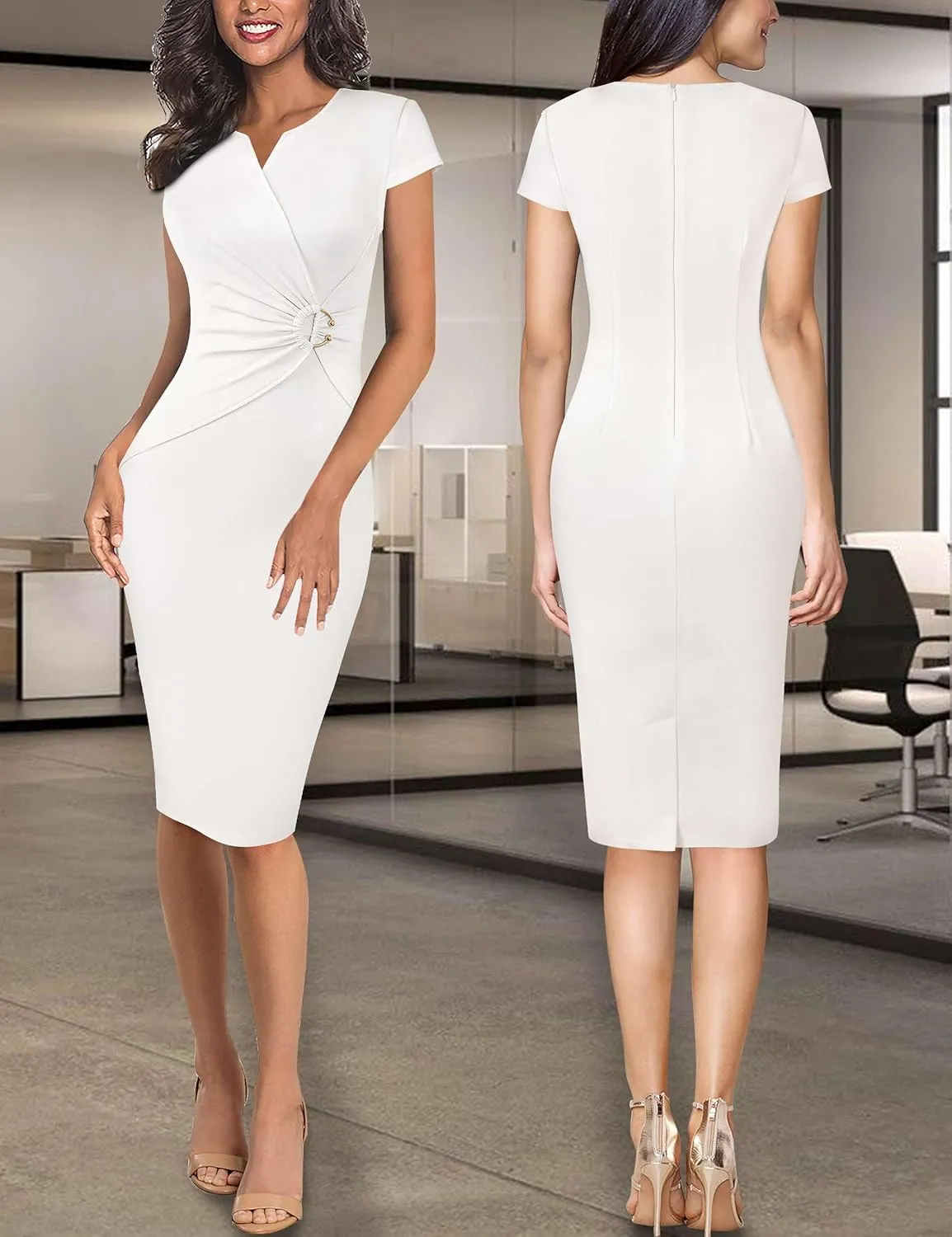 VFSHOW Womens Elegant Notch V Neck Ruched Work Office Business Church Bodycon Sheath Dress