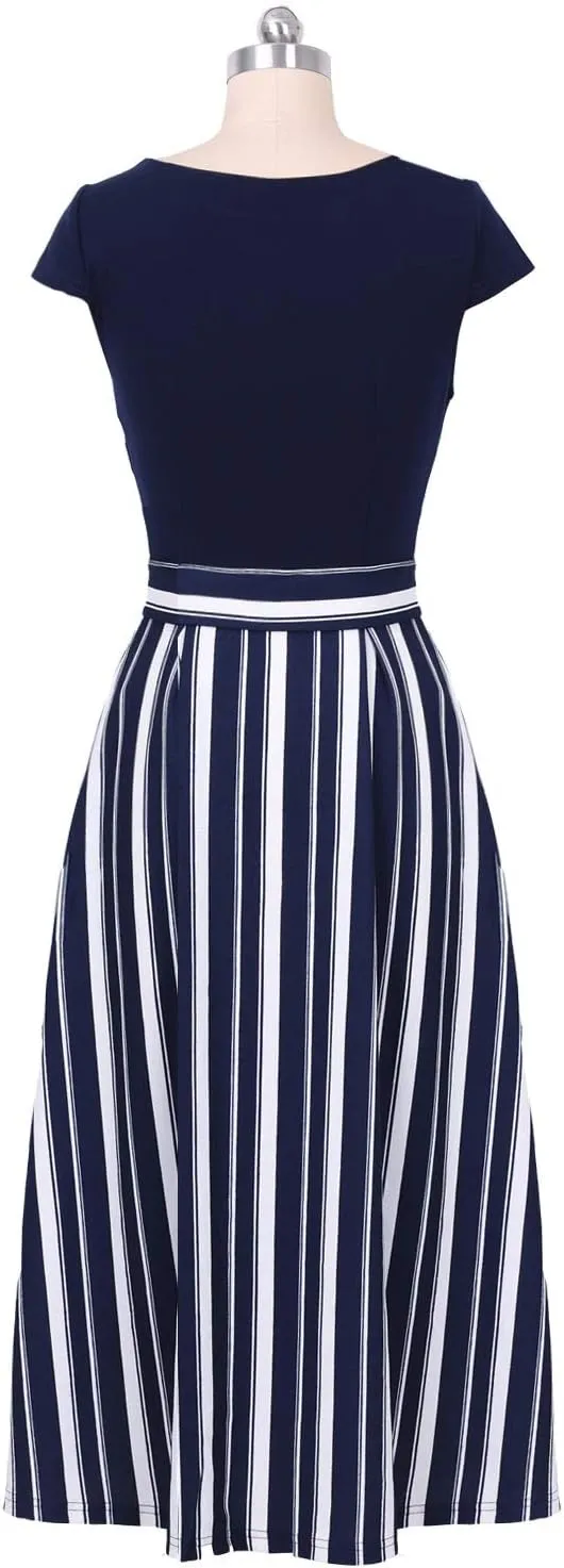 VFSHOW Womens Elegant Patchwork Pockets Belted Pleated Work Office Business Casual Party A-Line Midi Dress