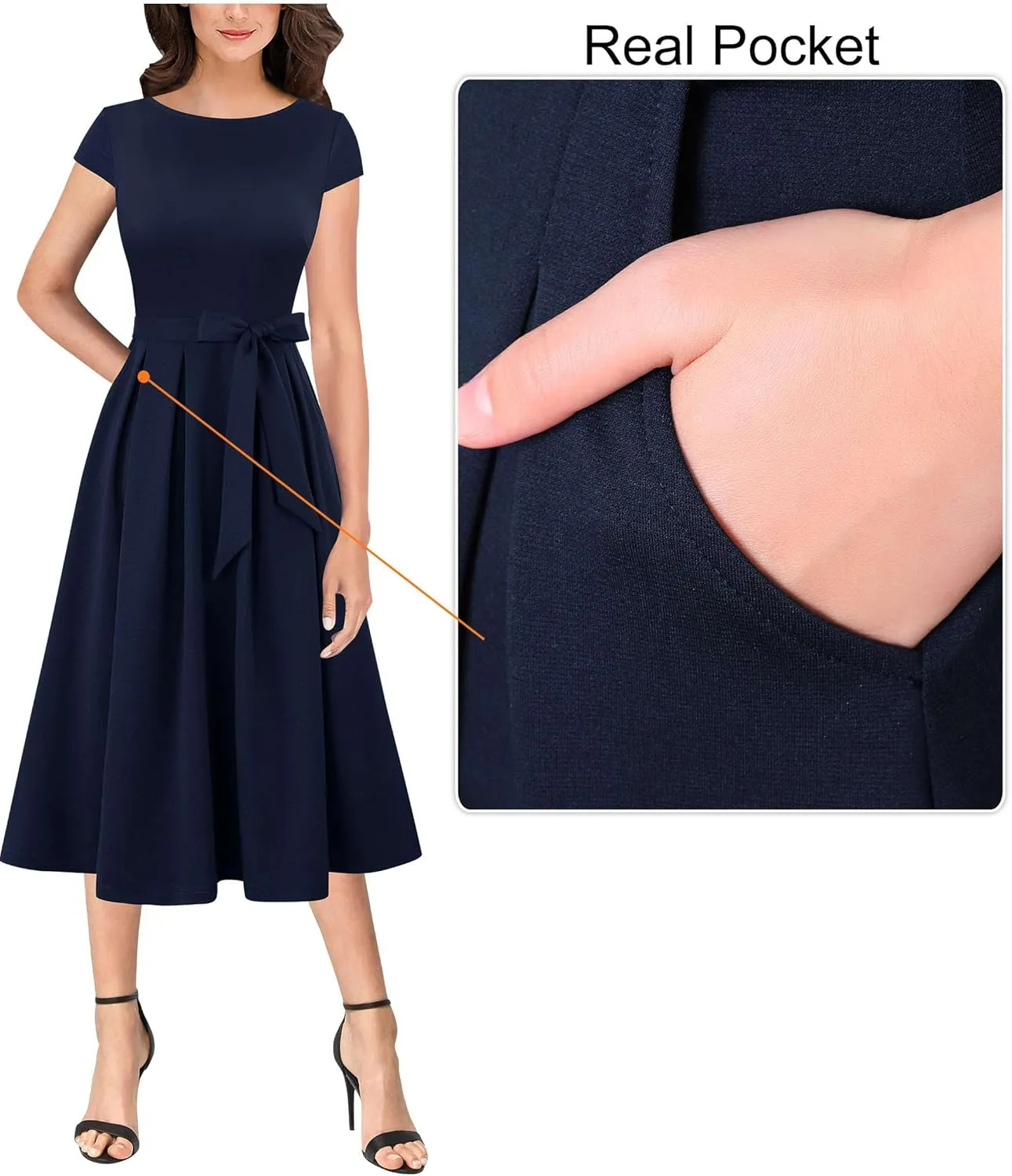 VFSHOW Womens Elegant Patchwork Pockets Belted Pleated Work Office Business Casual Party A-Line Midi Dress