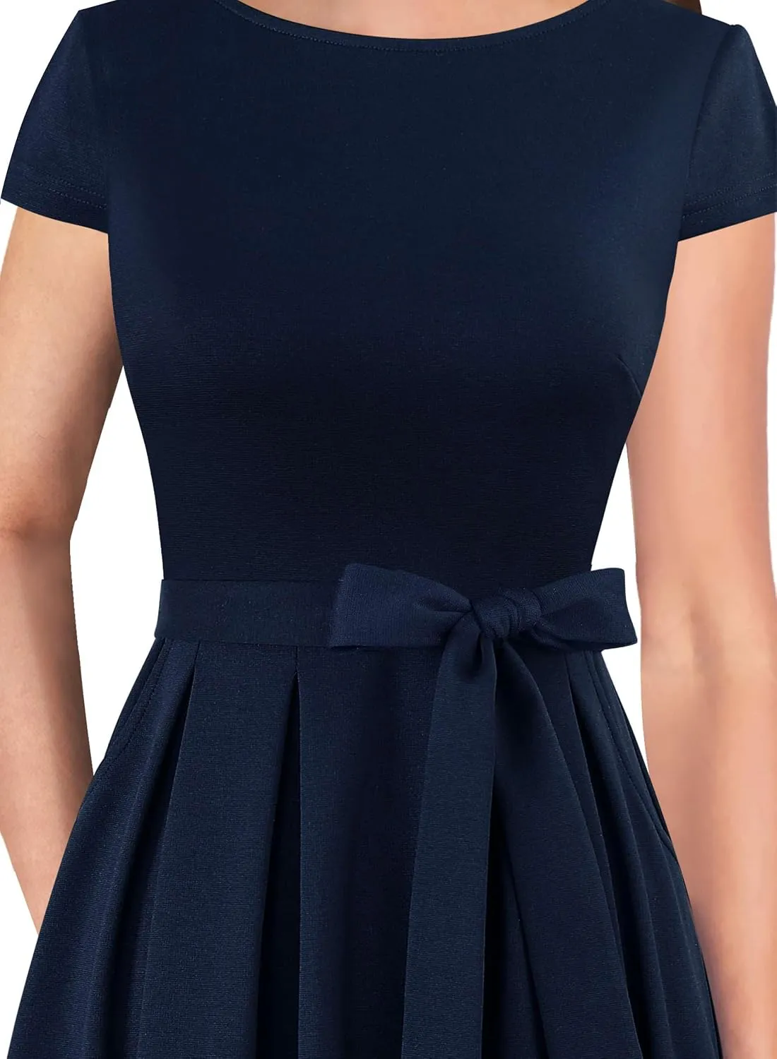 VFSHOW Womens Elegant Patchwork Pockets Belted Pleated Work Office Business Casual Party A-Line Midi Dress