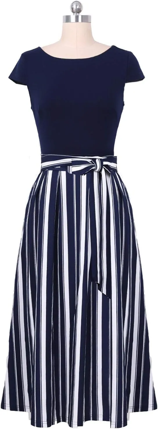 VFSHOW Womens Elegant Patchwork Pockets Belted Pleated Work Office Business Casual Party A-Line Midi Dress
