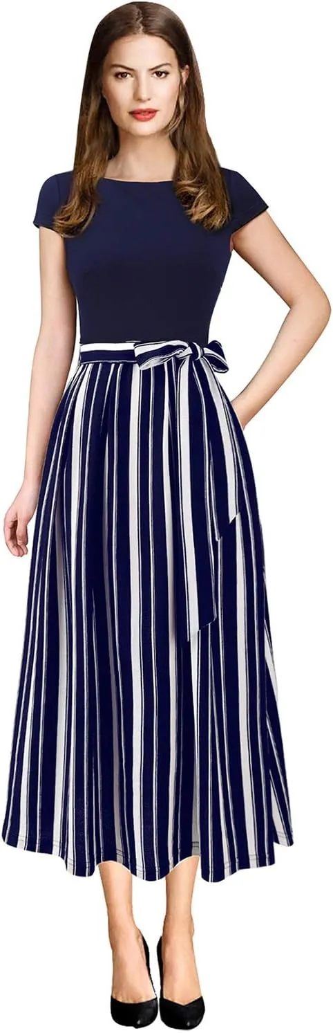 VFSHOW Womens Elegant Patchwork Pockets Belted Pleated Work Office Business Casual Party A-Line Midi Dress