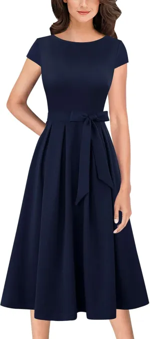 VFSHOW Womens Elegant Patchwork Pockets Belted Pleated Work Office Business Casual Party A-Line Midi Dress