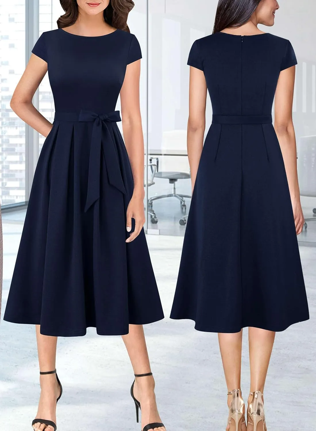 VFSHOW Womens Elegant Patchwork Pockets Belted Pleated Work Office Business Casual Party A-Line Midi Dress