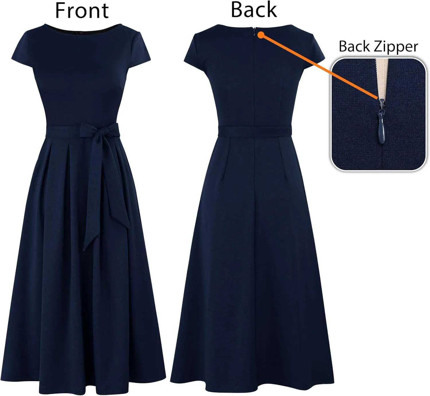 VFSHOW Womens Elegant Patchwork Pockets Belted Pleated Work Office Business Casual Party A-Line Midi Dress