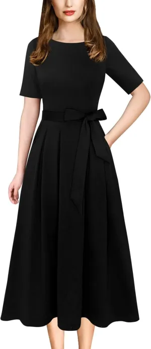 VFSHOW Womens Elegant Patchwork Pockets Pleated Work Office Business Casual Party Belted A-Line Midi Dress