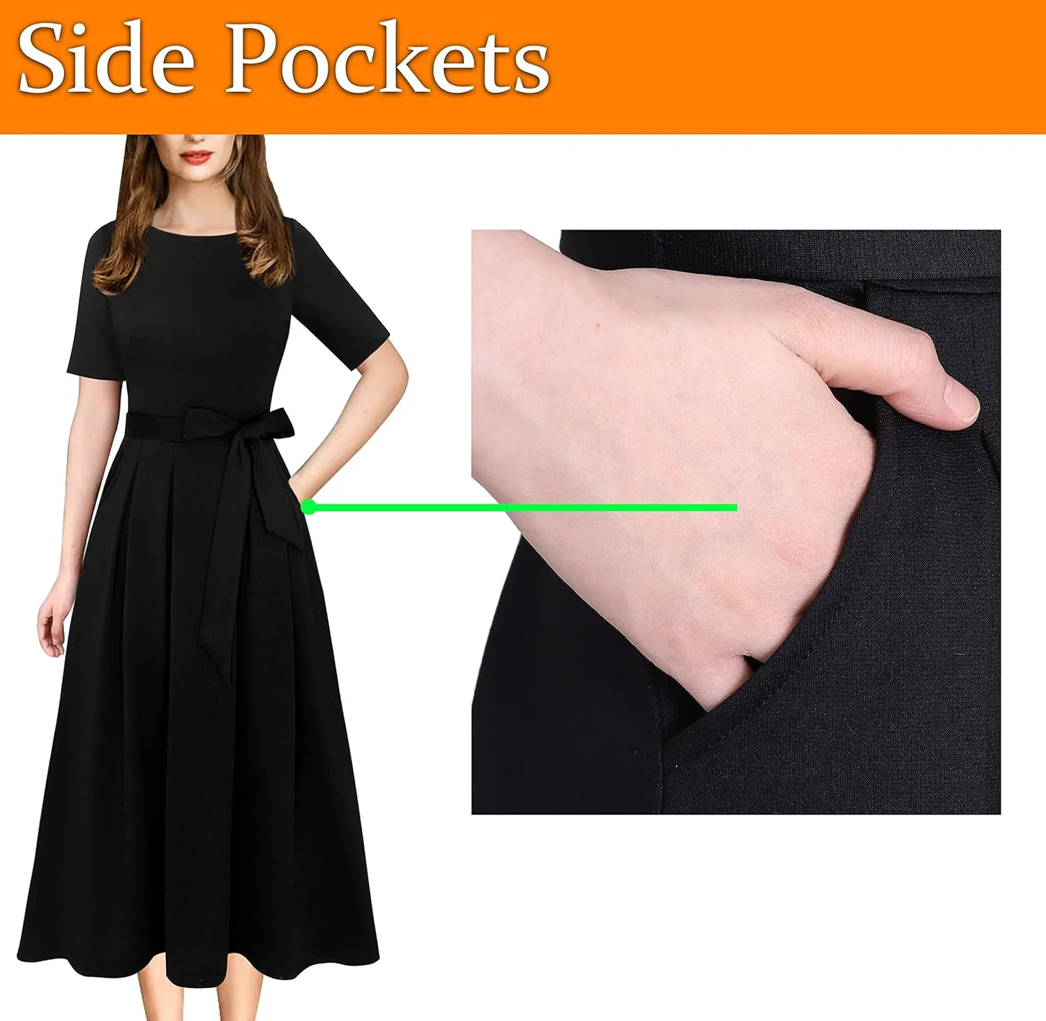 VFSHOW Womens Elegant Patchwork Pockets Pleated Work Office Business Casual Party Belted A-Line Midi Dress