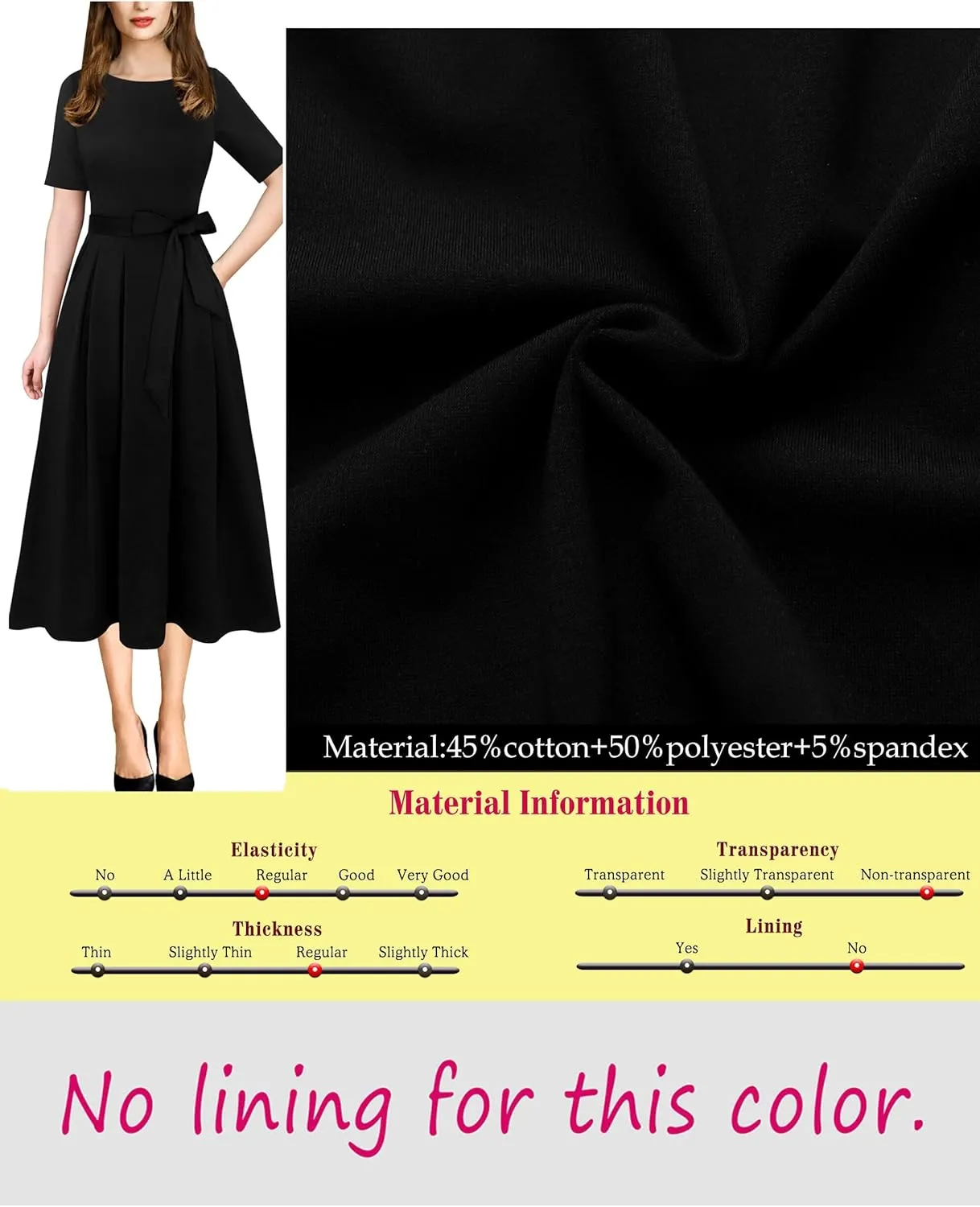 VFSHOW Womens Elegant Patchwork Pockets Pleated Work Office Business Casual Party Belted A-Line Midi Dress