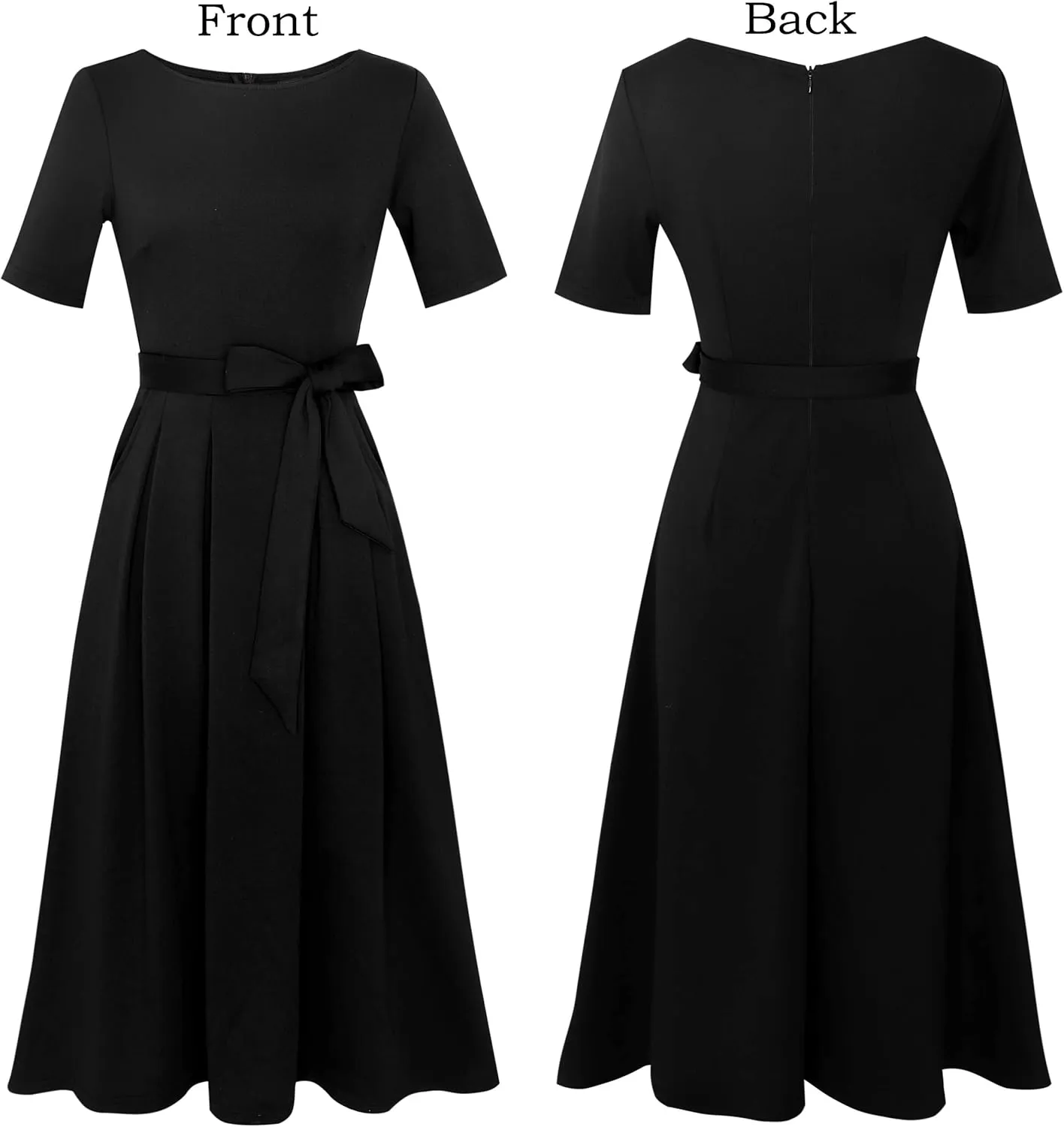 VFSHOW Womens Elegant Patchwork Pockets Pleated Work Office Business Casual Party Belted A-Line Midi Dress