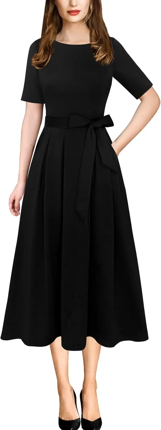VFSHOW Womens Elegant Patchwork Pockets Pleated Work Office Business Casual Party Belted A-Line Midi Dress