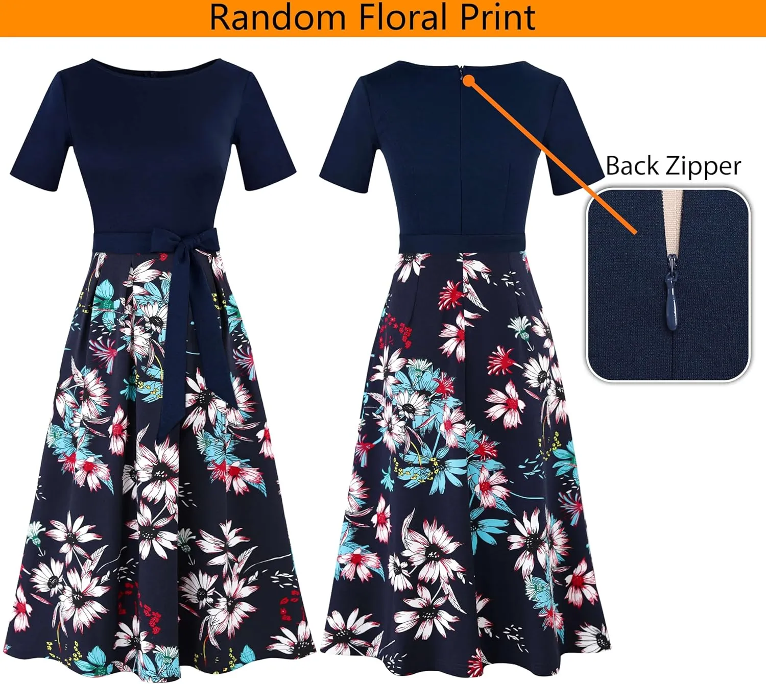 VFSHOW Womens Elegant Patchwork Pockets Pleated Work Office Business Casual Party Belted A-Line Midi Dress