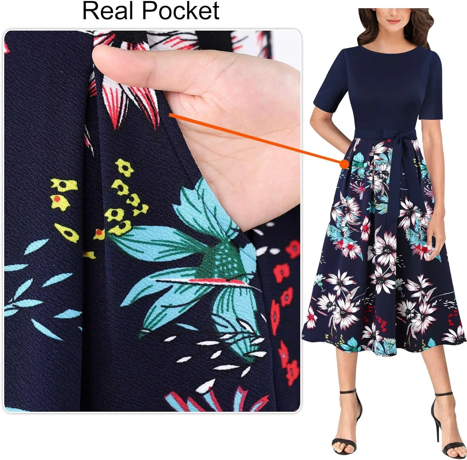 VFSHOW Womens Elegant Patchwork Pockets Pleated Work Office Business Casual Party Belted A-Line Midi Dress