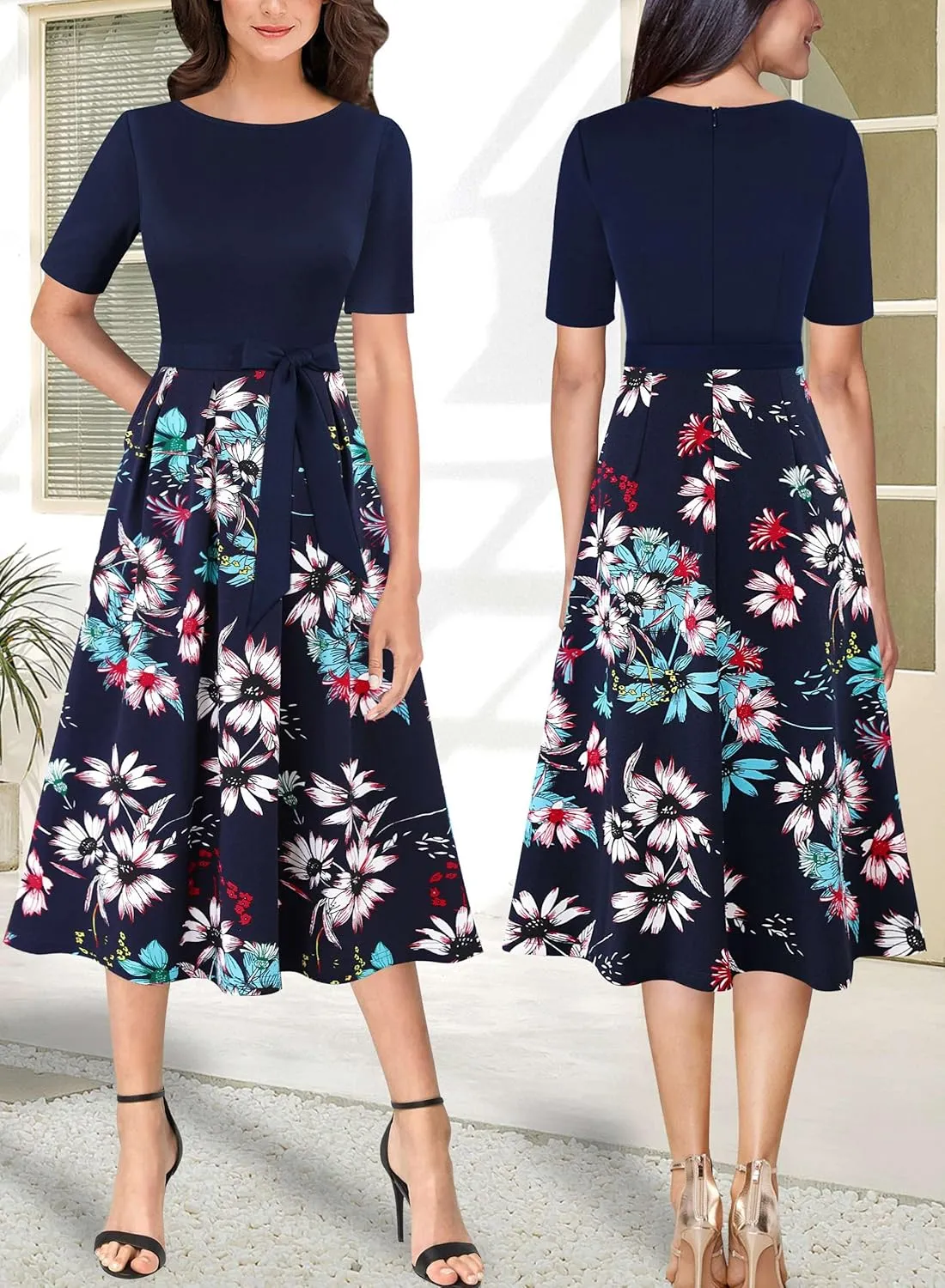 VFSHOW Womens Elegant Patchwork Pockets Pleated Work Office Business Casual Party Belted A-Line Midi Dress