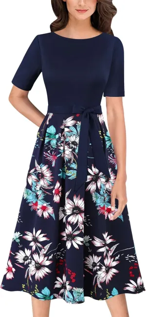 VFSHOW Womens Elegant Patchwork Pockets Pleated Work Office Business Casual Party Belted A-Line Midi Dress