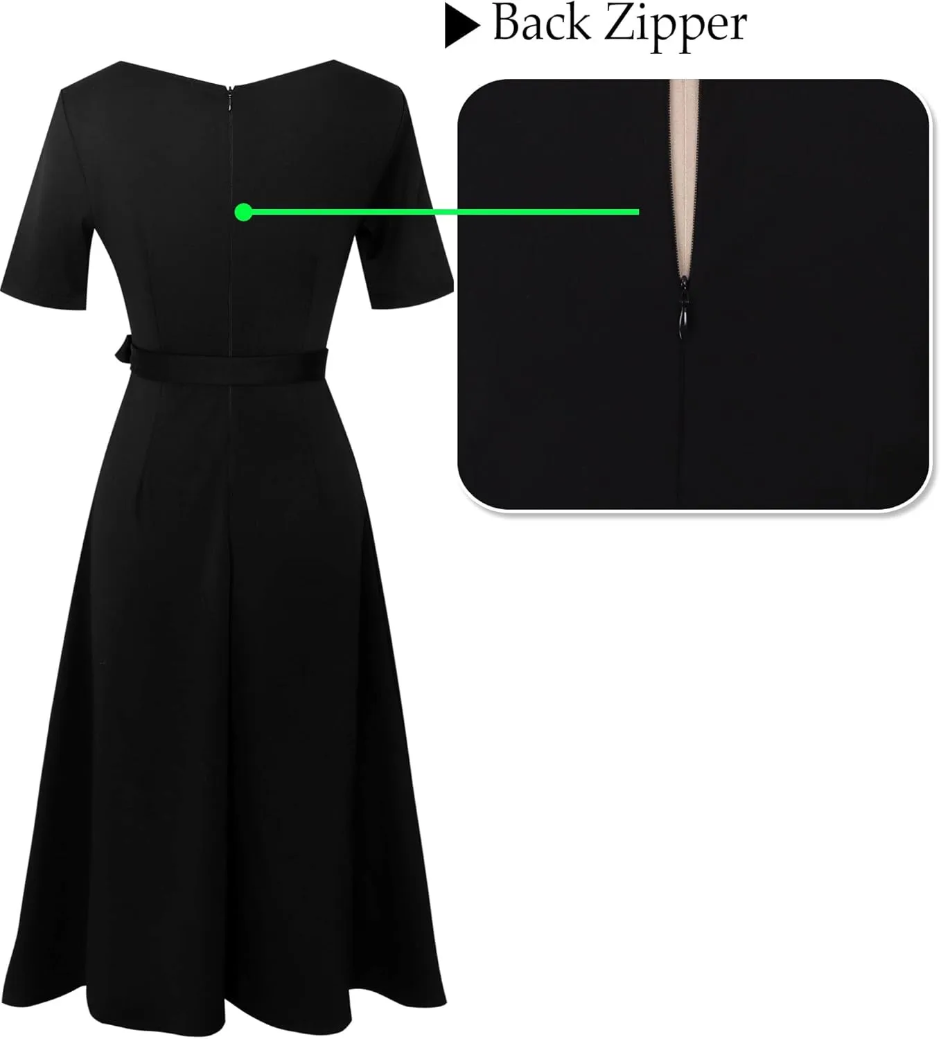 VFSHOW Womens Elegant Patchwork Pockets Pleated Work Office Business Casual Party Belted A-Line Midi Dress