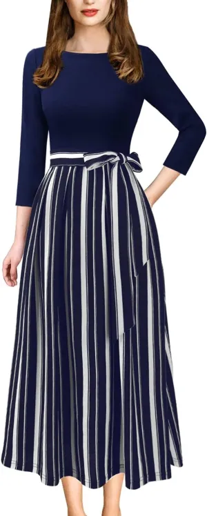 VFSHOW Womens Elegant Pockets Belted Work Business Office Casual Party Pleated A-Line Midi Dress