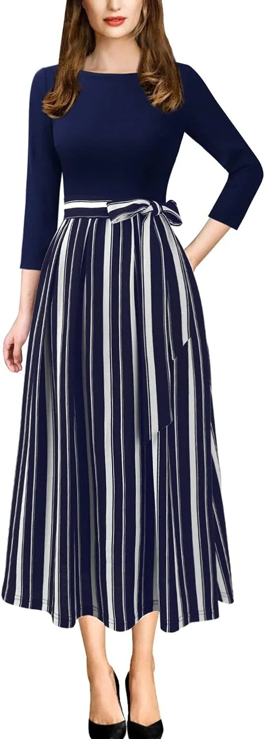 VFSHOW Womens Elegant Pockets Belted Work Business Office Casual Party Pleated A-Line Midi Dress
