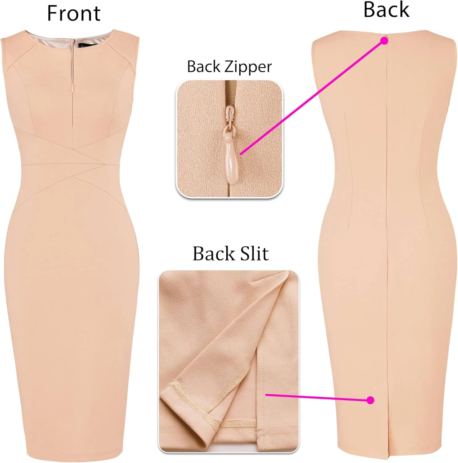 VFSHOW Womens Elegant Slim Front Zipper up Work Business Office Party Sheath Dress