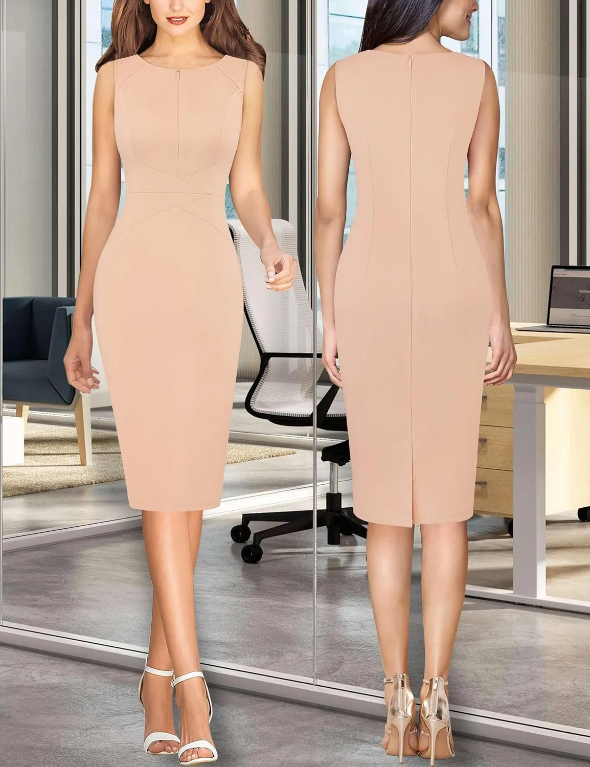 VFSHOW Womens Elegant Slim Front Zipper up Work Business Office Party Sheath Dress