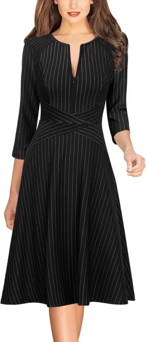 VFSHOW Womens Front Zipper Crisscross Waist Slim Wear to Work Business Office Fit and Flare A-Line Dress
