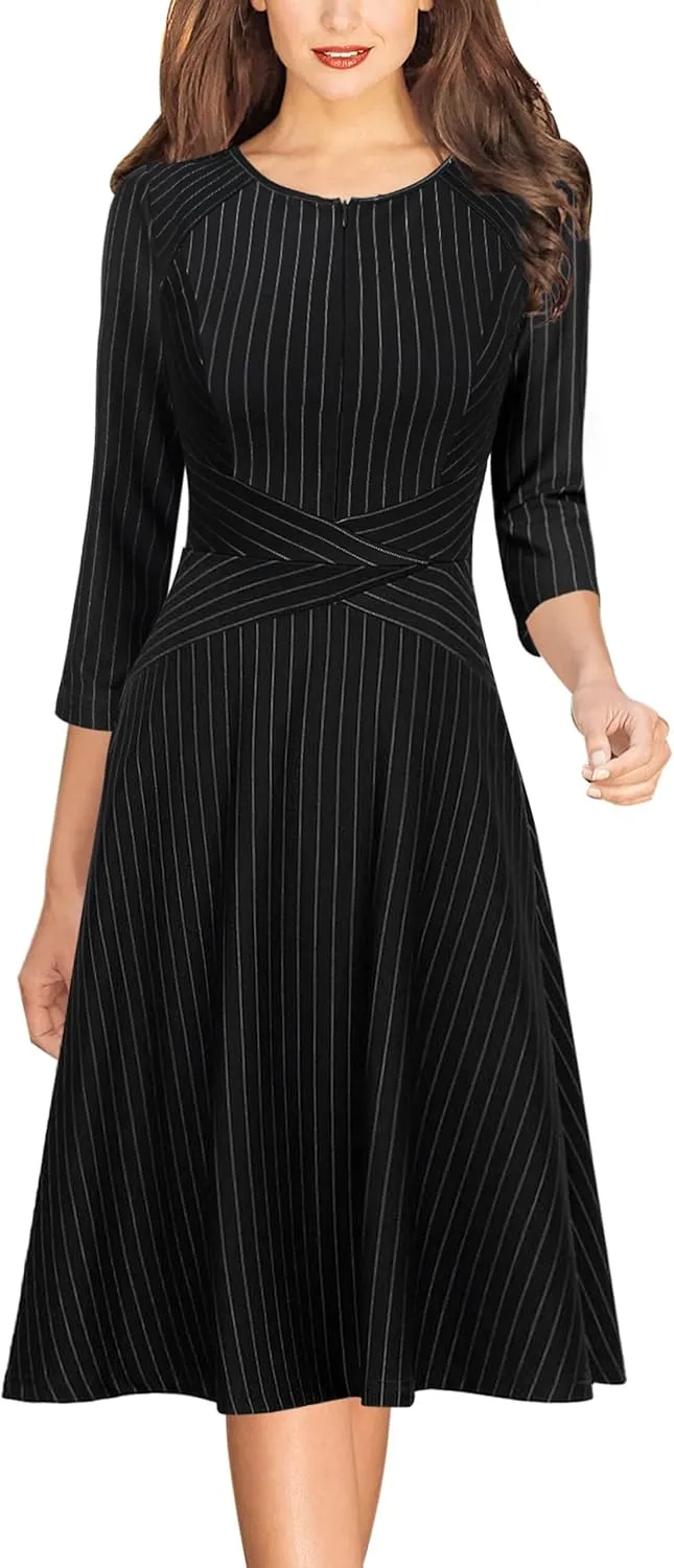 VFSHOW Womens Front Zipper Crisscross Waist Slim Wear to Work Business Office Fit and Flare A-Line Dress