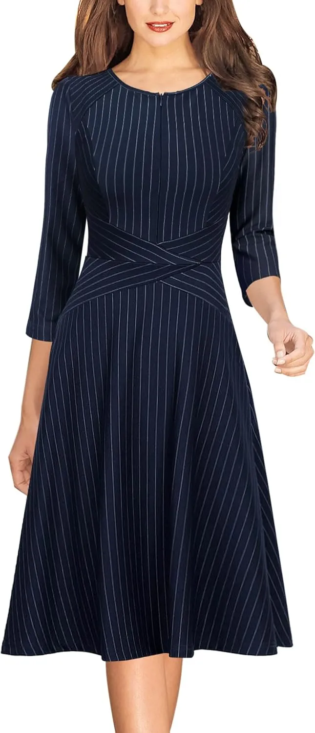 VFSHOW Womens Front Zipper Crisscross Waist Slim Wear to Work Business Office Fit and Flare A-Line Dress