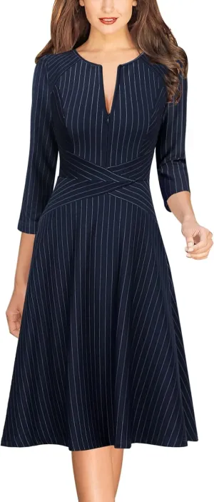 VFSHOW Womens Front Zipper Crisscross Waist Slim Wear to Work Business Office Fit and Flare A-Line Dress