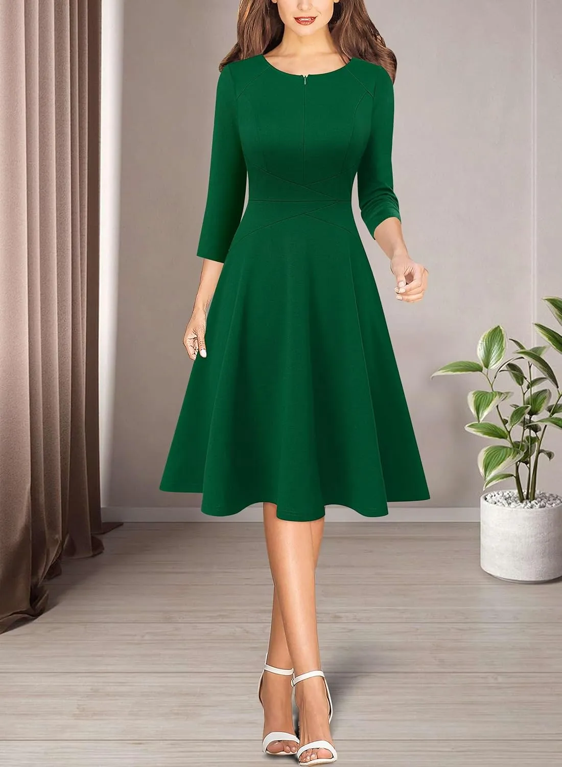 VFSHOW Womens Front Zipper Crisscross Waist Slim Wear to Work Business Office Fit and Flare A-Line Dress