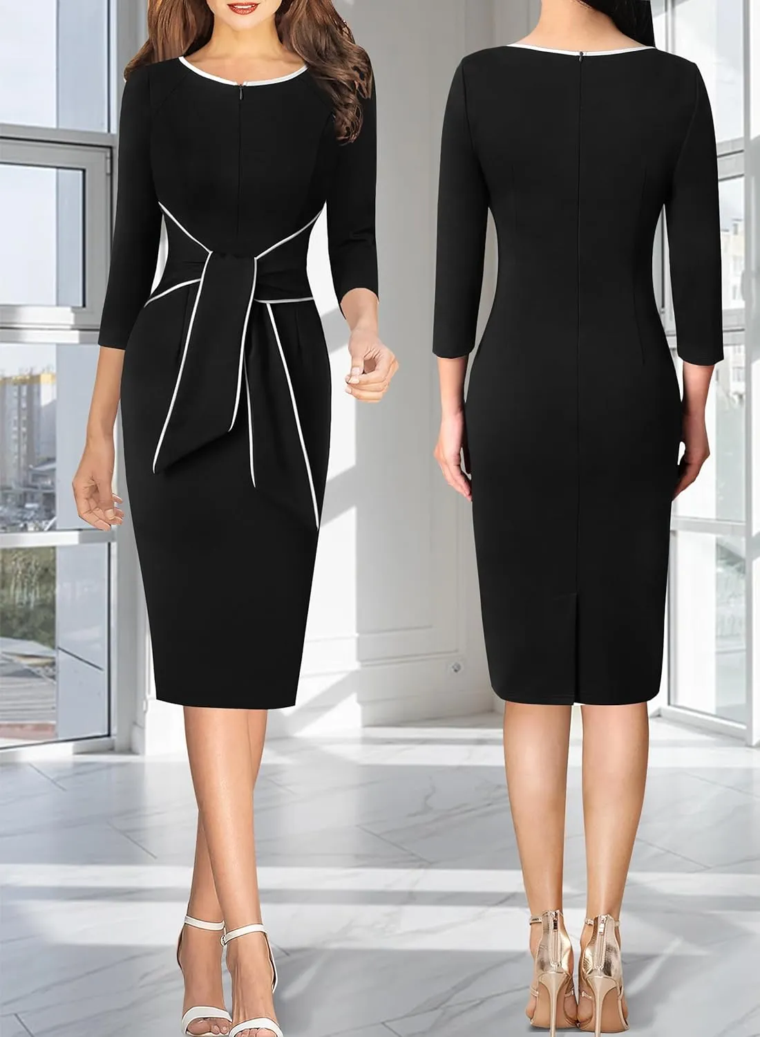VFSHOW Womens Front Zipper Tie Waist Bow Slim Work Business Office Party Bodycon Pencil Sheath Dress