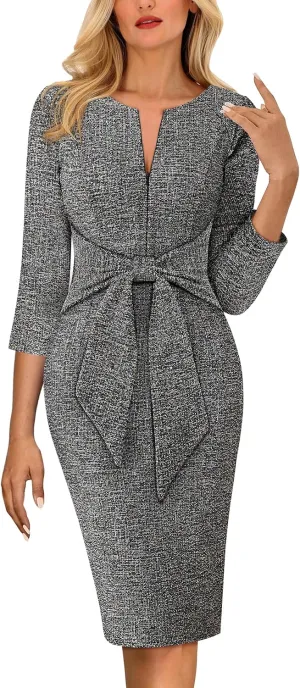 VFSHOW Womens Front Zipper Tie Waist Bow Slim Work Business Office Party Bodycon Pencil Sheath Dress
