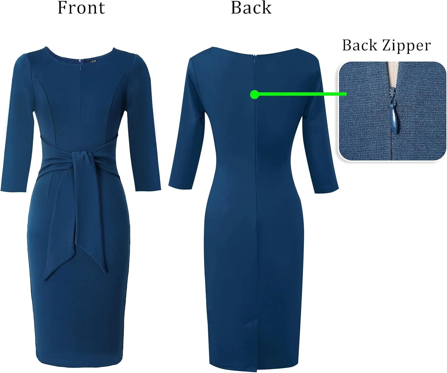 VFSHOW Womens Front Zipper Tie Waist Bow Slim Work Business Office Party Bodycon Pencil Sheath Dress
