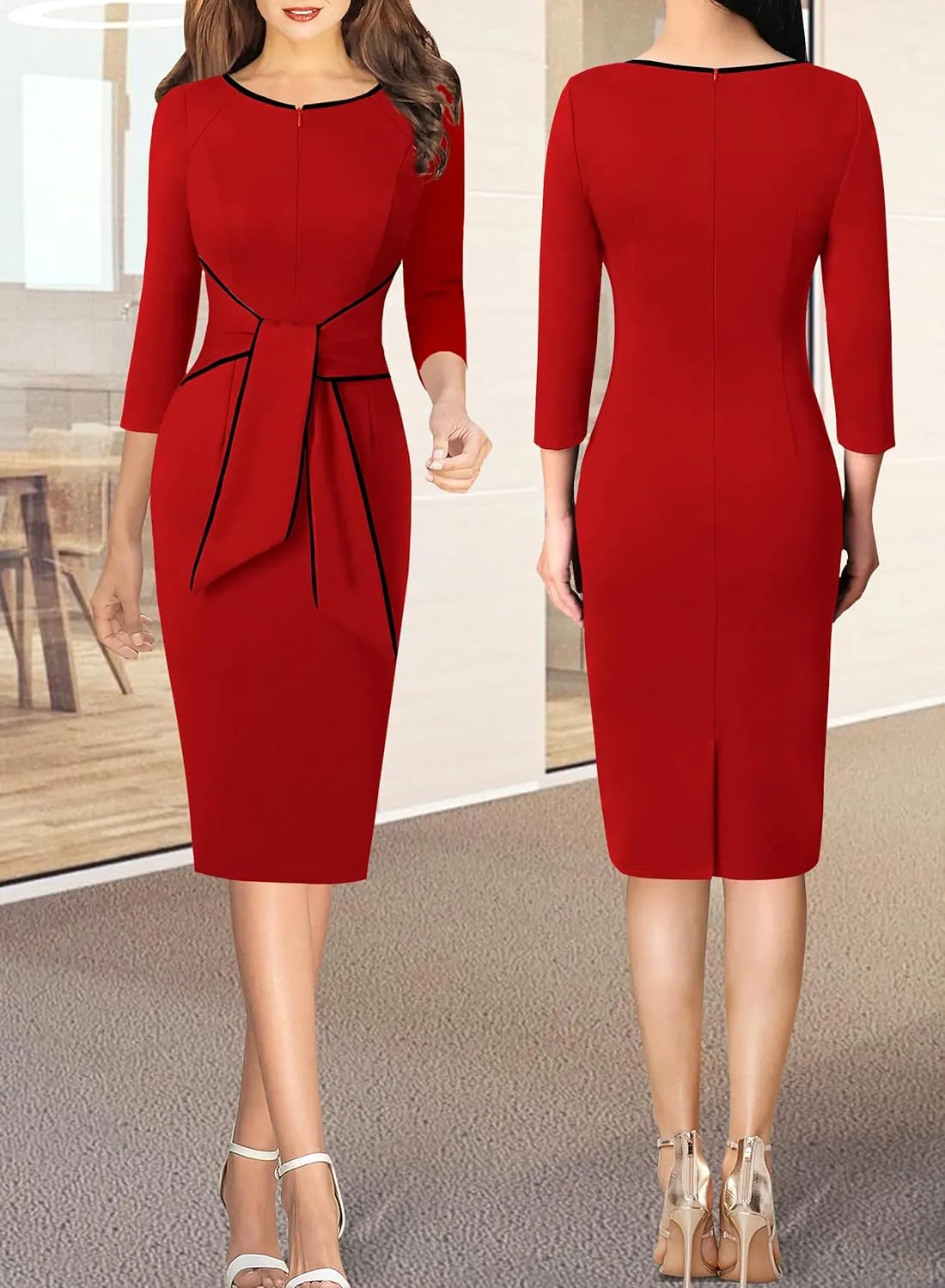 VFSHOW Womens Front Zipper Tie Waist Bow Slim Work Business Office Party Bodycon Pencil Sheath Dress