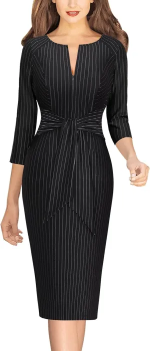 VFSHOW Womens Front Zipper Tie Waist Bow Slim Work Business Office Party Bodycon Pencil Sheath Dress