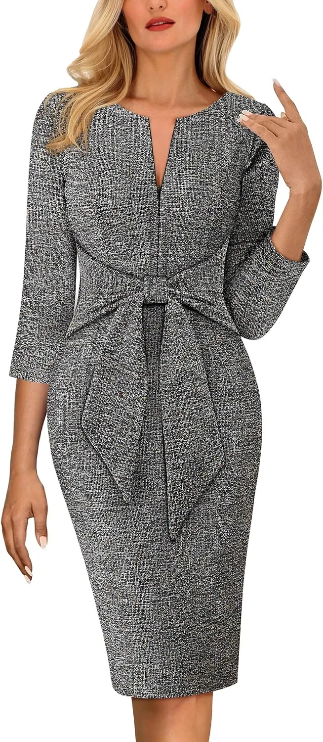 VFSHOW Womens Front Zipper Tie Waist Bow Slim Work Business Office Party Bodycon Pencil Sheath Dress