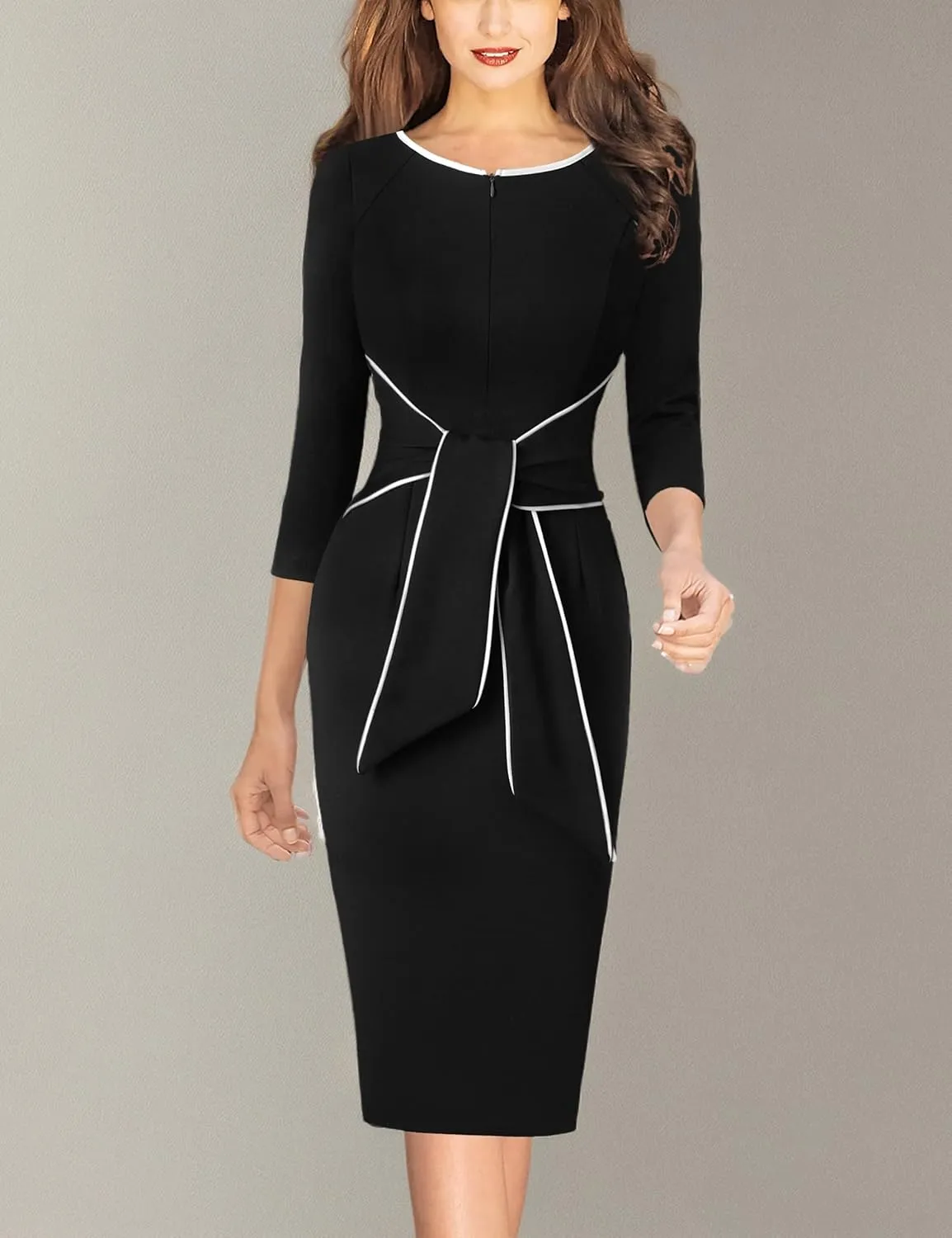 VFSHOW Womens Front Zipper Tie Waist Bow Slim Work Business Office Party Bodycon Pencil Sheath Dress